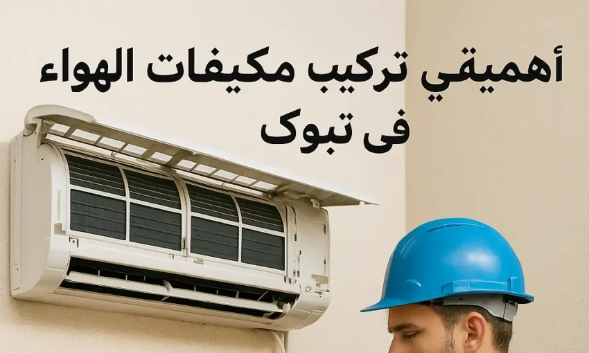فني متخصص يقوم بتركيب مكيفات الهواء في منزل بمدينة تبوك بطريقة احترافية
